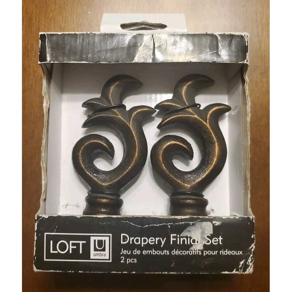 Umbra Drapery Decorative Curtain Finials Scroll Bronze Metal Heavy Set of‎ 2